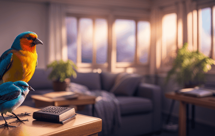 An image showcasing a cozy living room with large windows, sunlight streaming in, and a vibrant bird perched on a windowsill