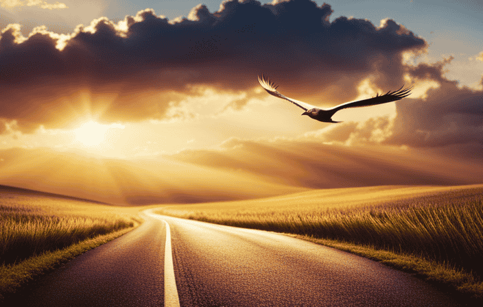 An image capturing a golden sunset on a serene countryside road, where vibrant birds gracefully soar in perfect formation, their wings gracefully slicing through the air, conveying a profound sense of divine intervention