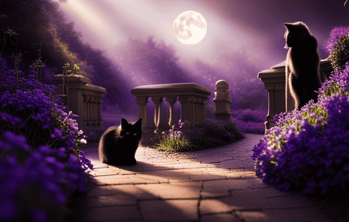 An image showcasing the ethereal aura of a moonlit garden, with a mysterious black cat silently traversing a winding path, its luminescent eyes illuminating a trail of sparkling cosmic dust