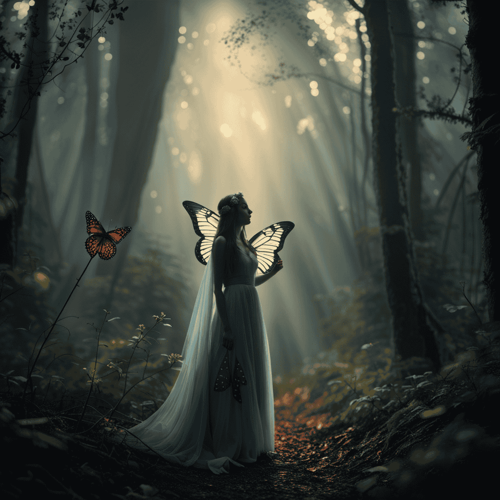 An image showcasing an ethereal moonlit forest with a slumbering figure holding a delicate butterfly net, capturing a vibrant butterfly