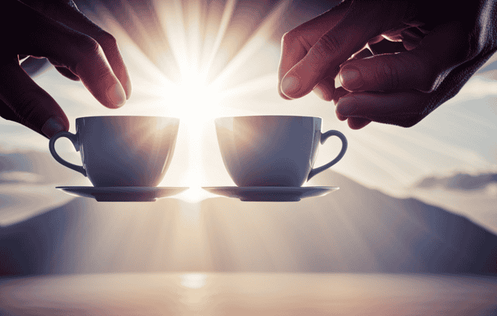 An image that captures the spiritual essence of dropping objects: a pair of hands releasing a fragile porcelain teacup, suspended mid-air, while gentle rays of sunlight illuminate the momentary weightlessness and transformative power of letting go