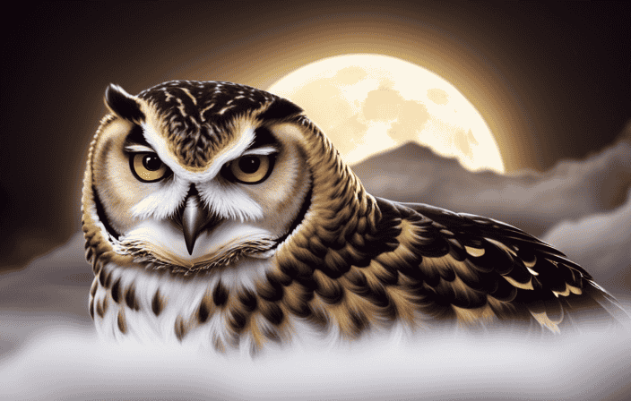 An image that captures the ethereal essence of owls, showcasing their piercing, golden eyes gazing solemnly into the night, while their velvety feathers shimmer under the enchanting moonlight, evoking the mysteries they guard