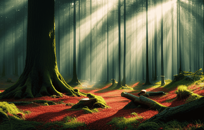 An image showcasing the spiritual significance of sacred mushrooms: depict a tranquil forest scene with rays of sunlight filtering through the dense canopy, illuminating vibrant mushrooms growing on ancient tree trunks, evoking a sense of enchantment and connection