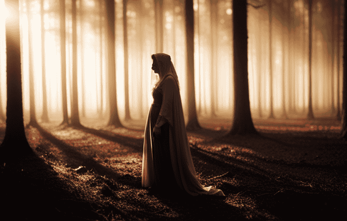 An image capturing the ethereal beauty of twilight, with a serene figure standing amidst a mystical forest bathed in moonlight