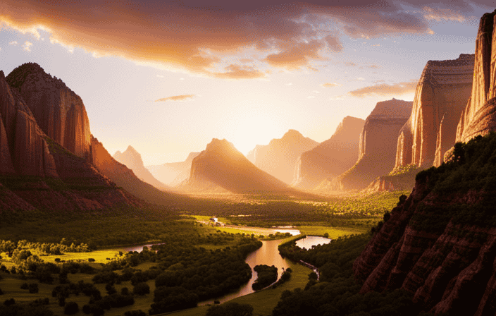An image that showcases a serene landscape enveloped by towering mountains, bathed in golden sunlight