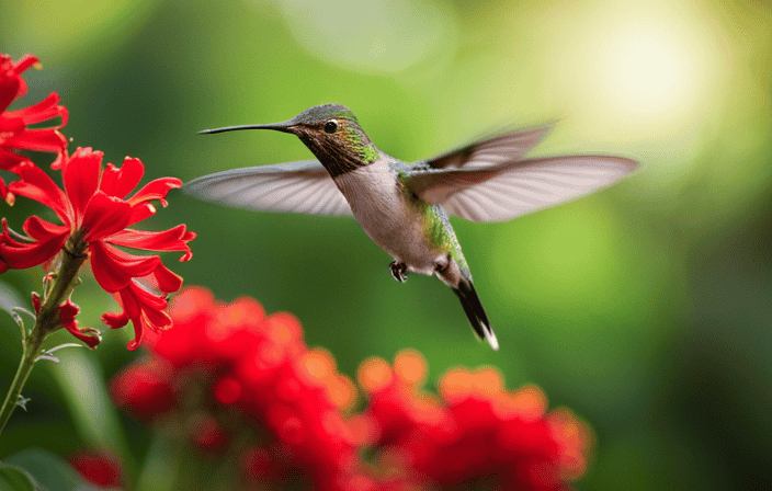 An image that captures the ethereal essence of hummingbirds, depicting their vibrant feathers shimmering in the sunlight, as they gracefully hover amidst a lush garden filled with blooming flowers, symbolizing joy, love, and healing