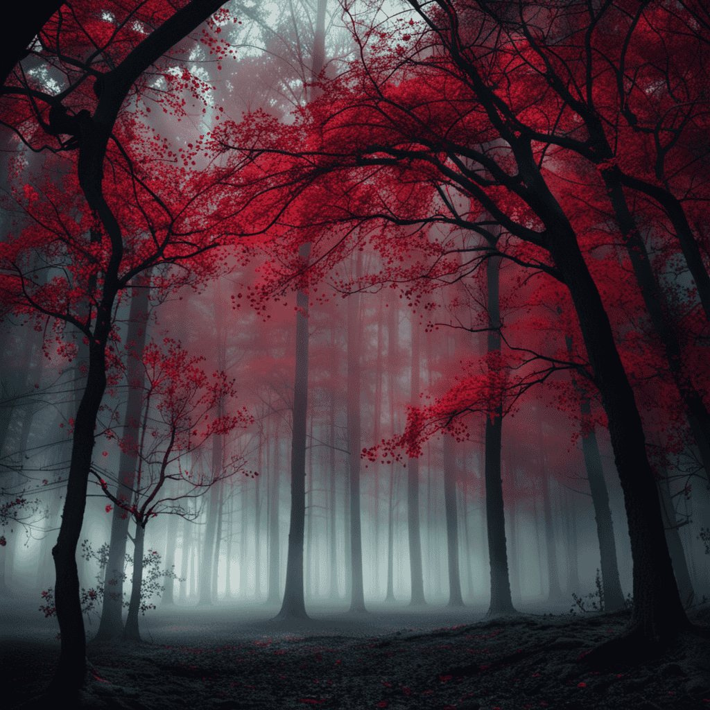 An image showcasing a haunting dreamscape: a surreal, moonlit forest glade, where ethereal wisps of mist intertwine with vibrant red blood clots, suspended mid-air, evoking a sense of mystery and symbolic significance