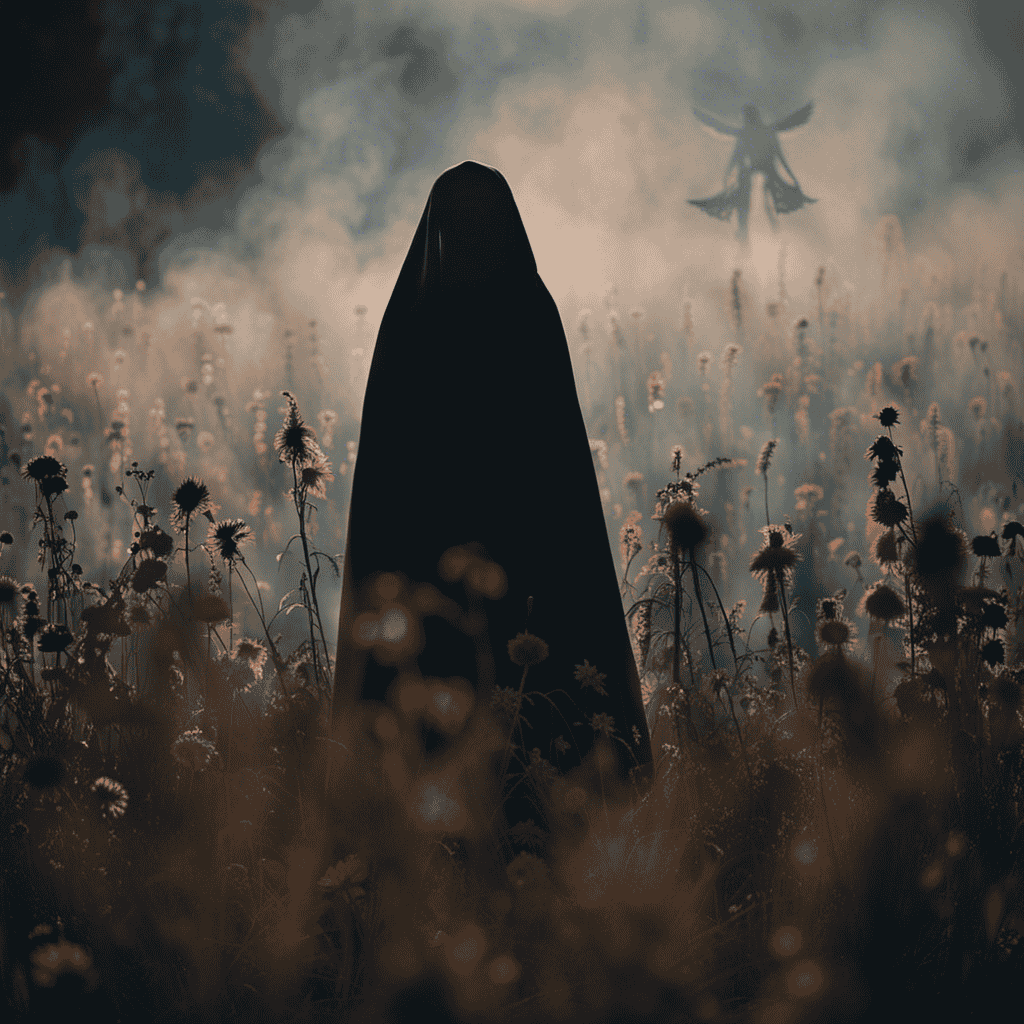 An image of a solitary figure standing amidst a field of withered flowers, their face obscured by a mourning veil