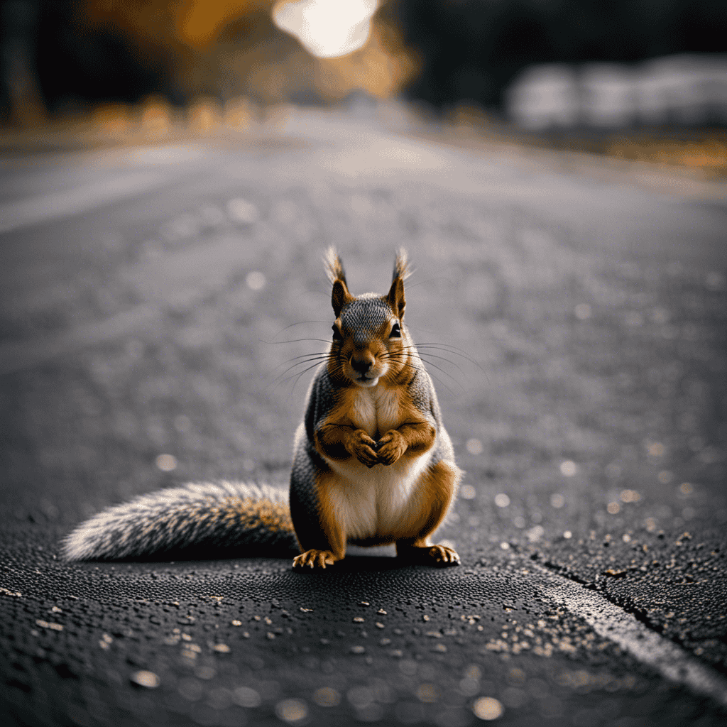 An image capturing the poignant symbolism of a squirrel lying motionless on the asphalt, surrounded by tire marks, invoking contemplation on signs, omens, and the profound life lessons they may hold