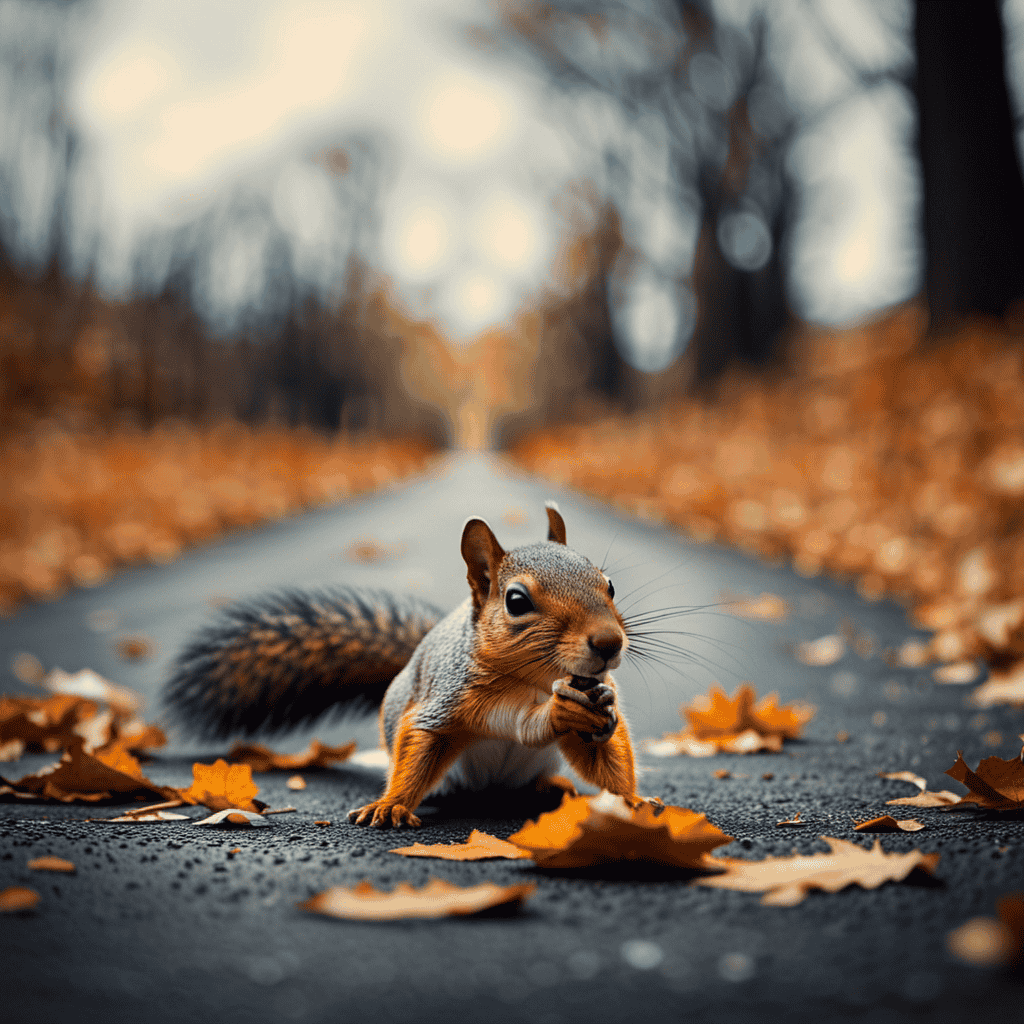 An image capturing the symbolism of running over a squirrel, depicting a distressed squirrel lying lifeless on a road, surrounded by a broken acorn, tire tracks, and a trail of fallen leaves