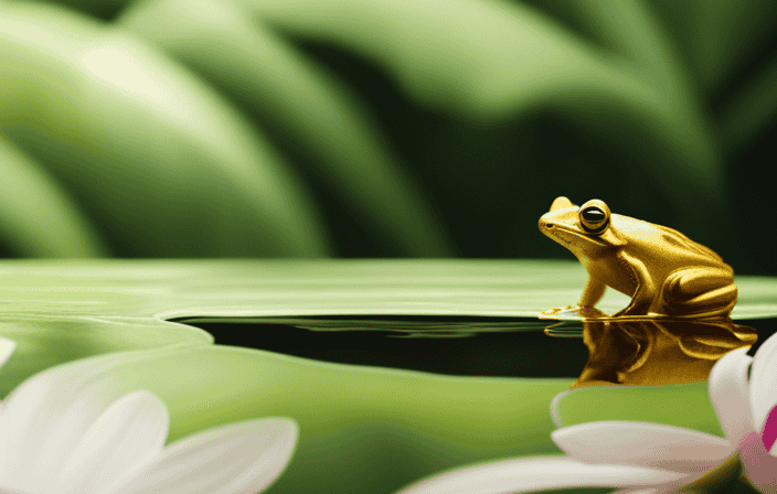 An image showcasing a vibrant, mystical rainforest scene, with a majestic golden frog perched atop a lily pad