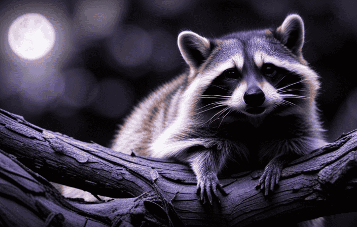 An image depicting a raccoon gracefully perched on a tree branch at dusk, with its mischievous eyes shining in the moonlight, conveying the symbolic power of adaptability and a sense of curiosity towards the hidden mysteries of nature