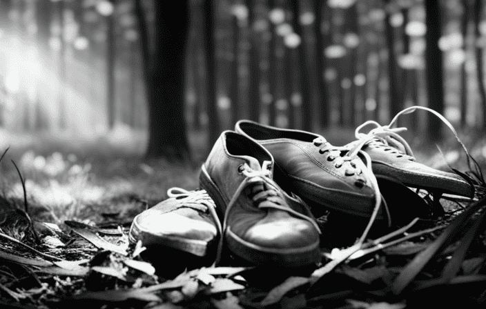 An image showcasing a pair of worn-out, tattered shoes, abandoned in a mystical forest