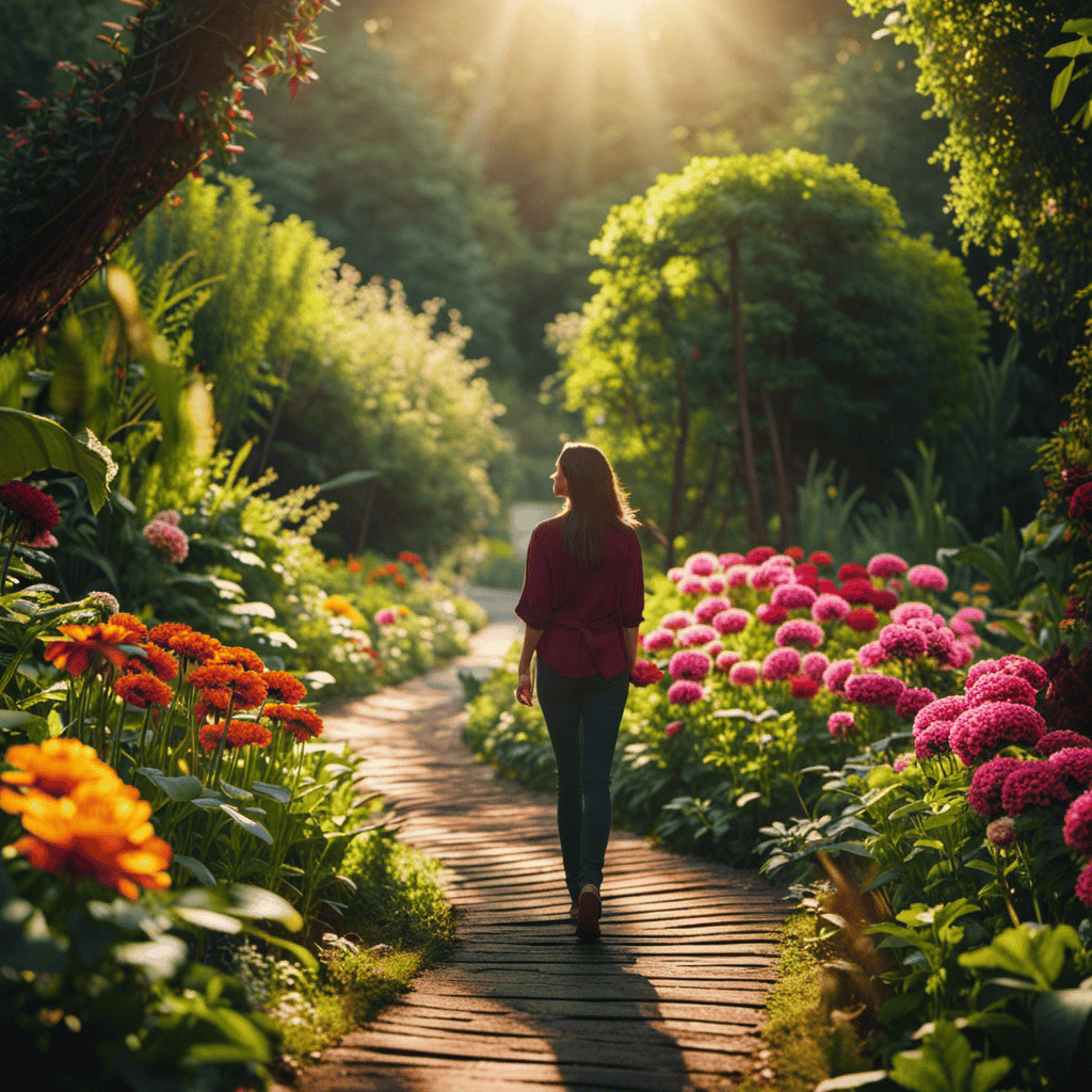 An image that showcases a person standing on a winding path, surrounded by lush greenery and colorful flowers