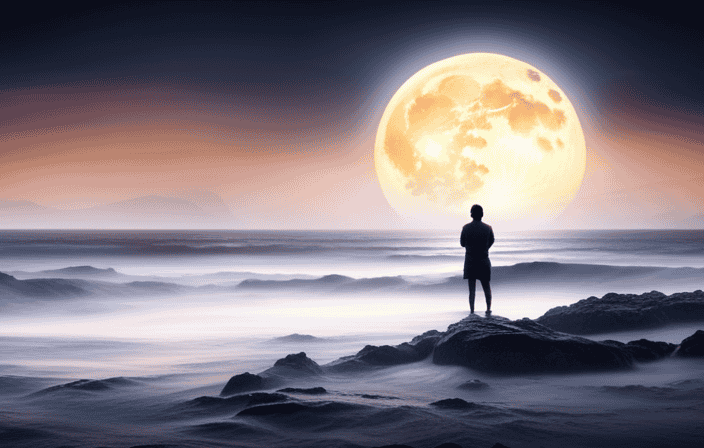 An image of a serene, moonlit ocean where a lone figure gracefully glides through the water, surrounded by ethereal light