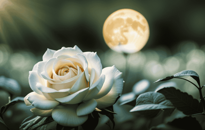 An image showcasing a full moon casting a soft glow over a serene garden, where a solitary white rose blooms amidst a labyrinth of intertwined vines, evoking the symbolic power of dreaming of marriage