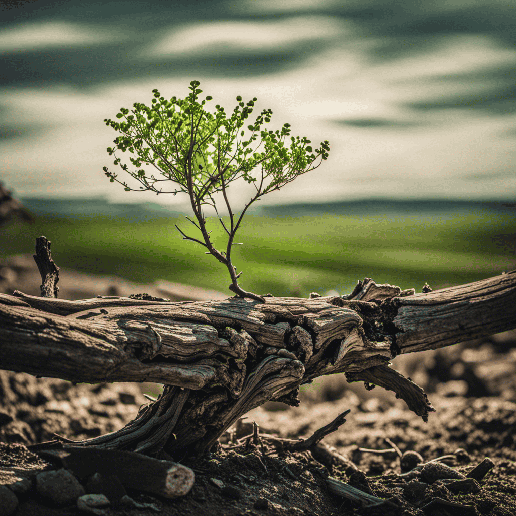 an image of a solitary broken tree branch sprouting delicate green shoots amidst a barren landscape