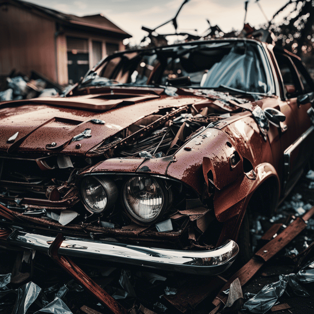 An image of a mangled, crumpled car surrounded by shattered glass and debris