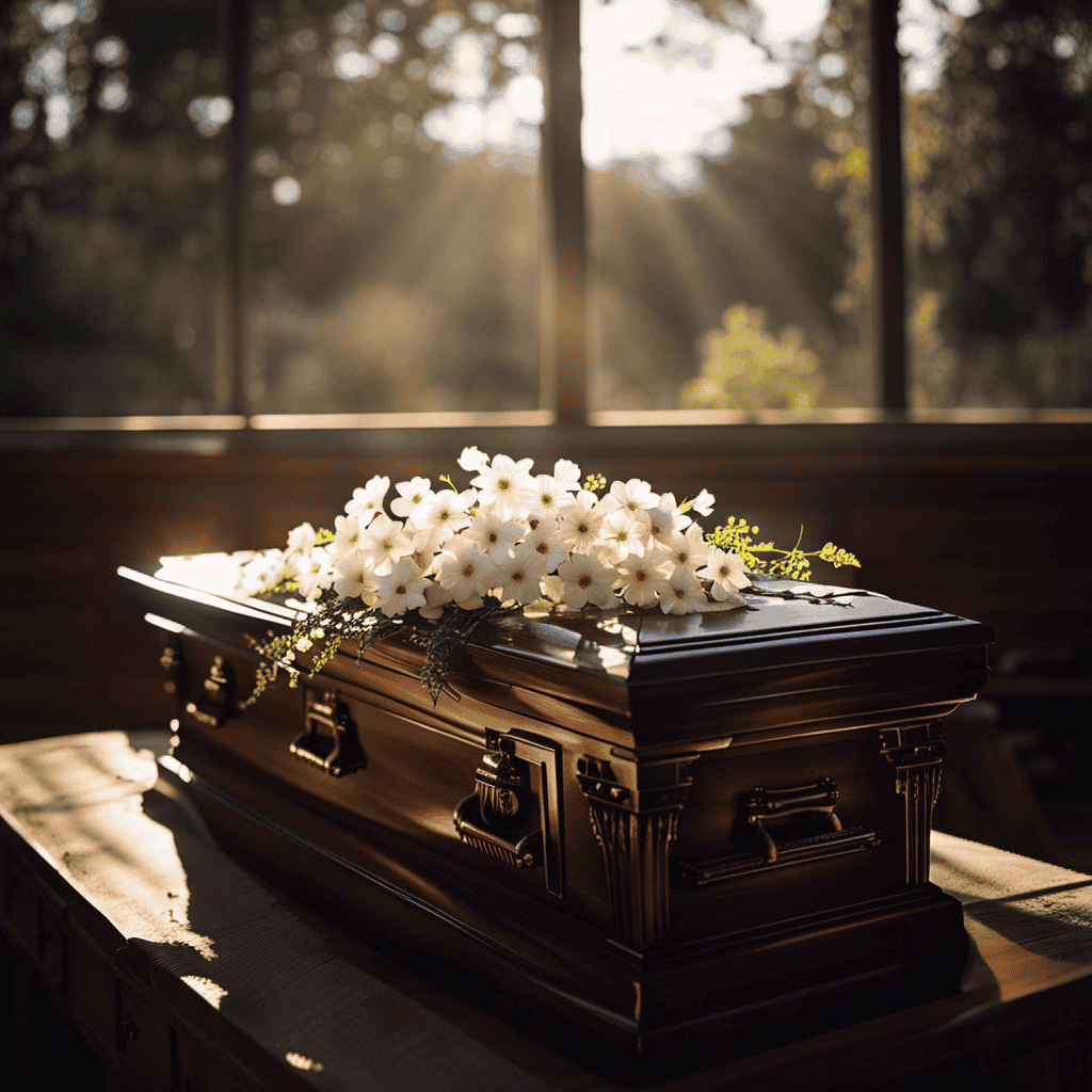 An image where soft rays of sunlight pour through a cracked, weathered coffin lid, illuminating delicate, white flowers blooming from within