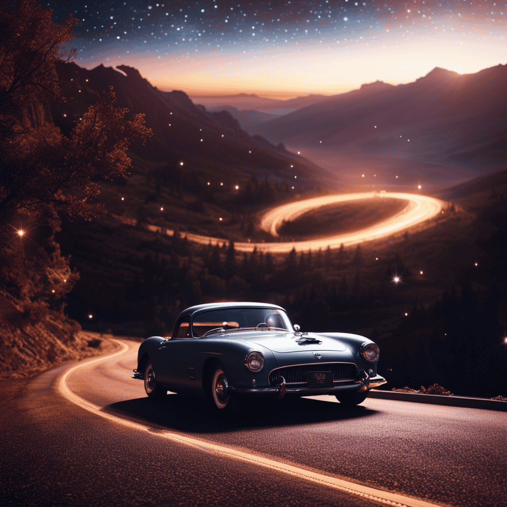 An image that captures the essence of a surreal dreamlike landscape, blending a winding road disappearing into a starry night sky, with a car veering off, symbolizing the subconscious and spiritual journeys associated with falling asleep while driving