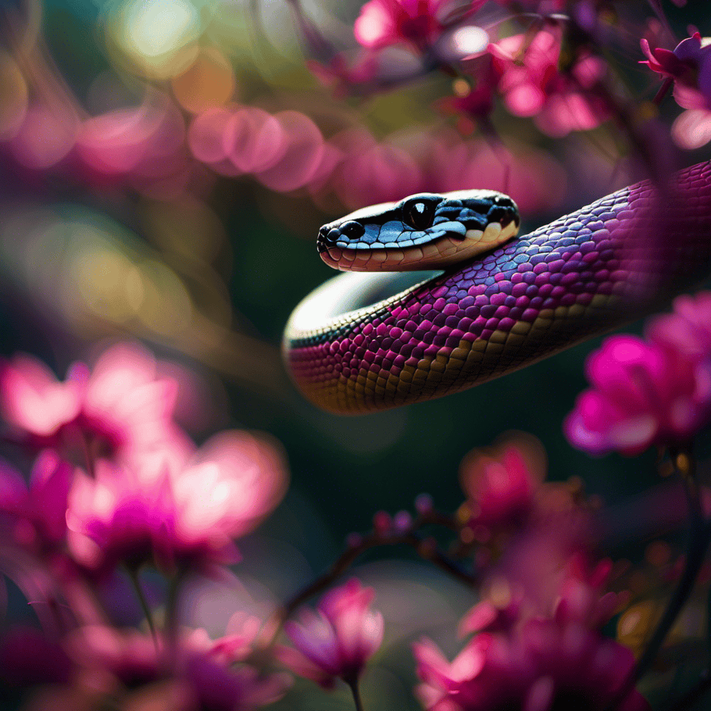 An image featuring a vivid dreamscape: a slithering snake, its serpentine body entwined around a blossoming tree, casting a mysterious shadow over a moonlit garden, evoking the enigmatic symbolism of snakes in dreams