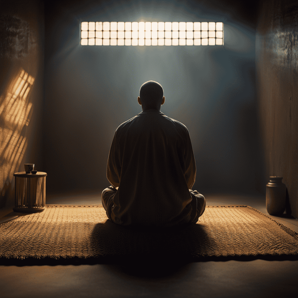 An image showcasing a dimly lit prison cell with a small window, where a serene and focused prisoner sits crossed-legged on a worn-out mat, surrounded by rays of soft golden light illuminating their tranquil face
