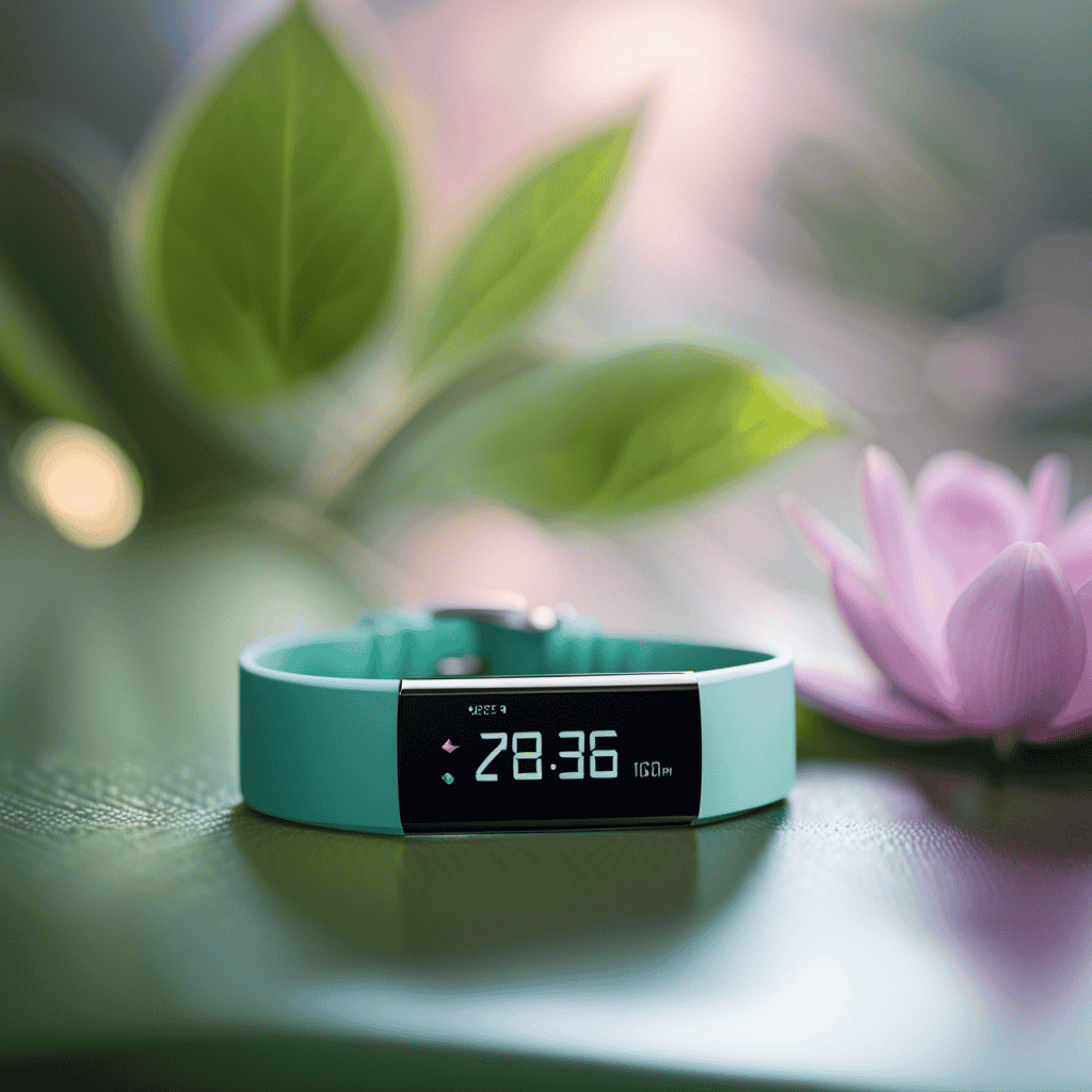 An image showcasing a sleek, minimalist fitness tracker adorned with delicate pastel hues, nestled against a serene backdrop of a lush, verdant yoga studio
