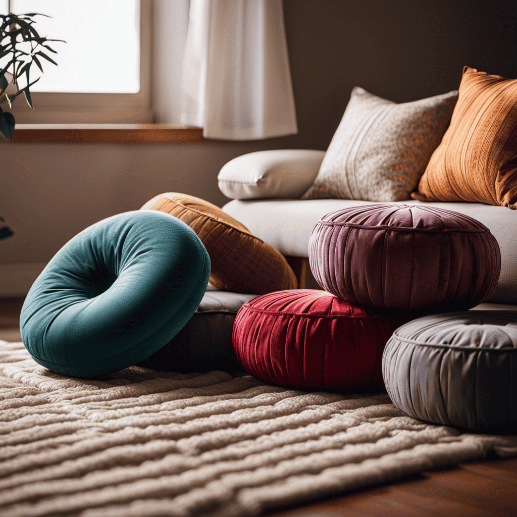 An image showcasing a serene meditation space with a variety of luxurious, plush meditation pillows in different colors and shapes