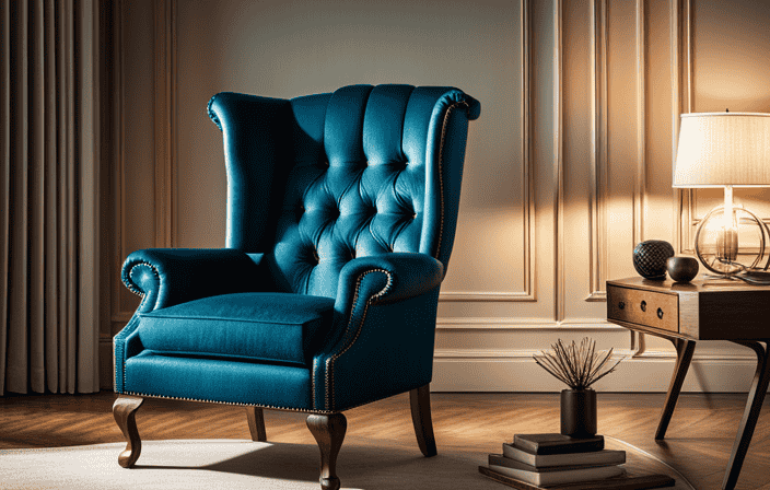 An image showcasing a beautifully crafted wingback chair in a cozy living room setting, adorned with intricate upholstery, elegant curves, and tufted details