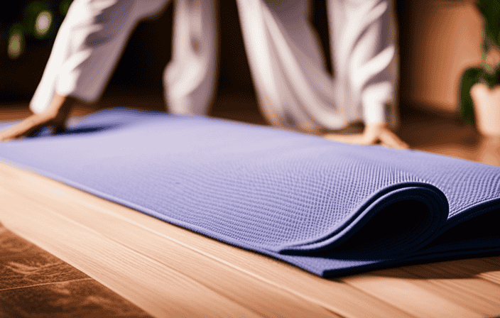 An image capturing the essence of the Ultimate Yoga Mat Cleaning Guide: a sparkling mat being gently wiped with a lavender-scented cloth, surrounded by an array of eco-friendly cleaners and step-by-step instructions