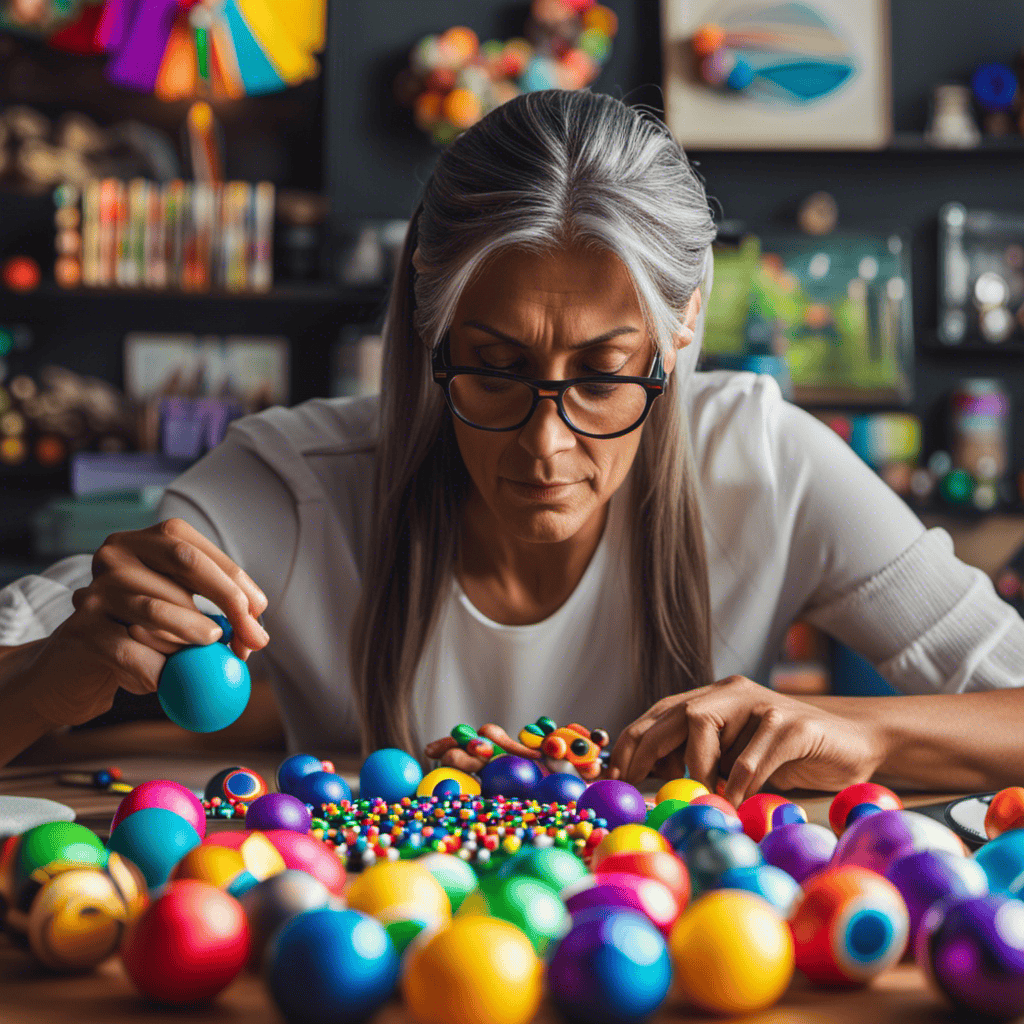 A vivid image featuring a serene adult, engrossed in deep concentration while manipulating a fidget spinner, surrounded by an array of colorful stress balls, puzzles, and art supplies, showcasing their therapeutic benefits