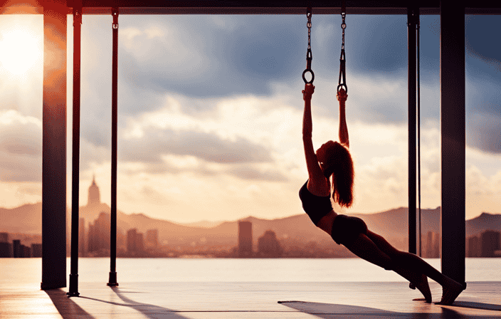 An image showcasing a sleek, lightweight yoga swing frame with adjustable height settings, reinforced steel construction, vibrant color options, and a compact design for effortless portability