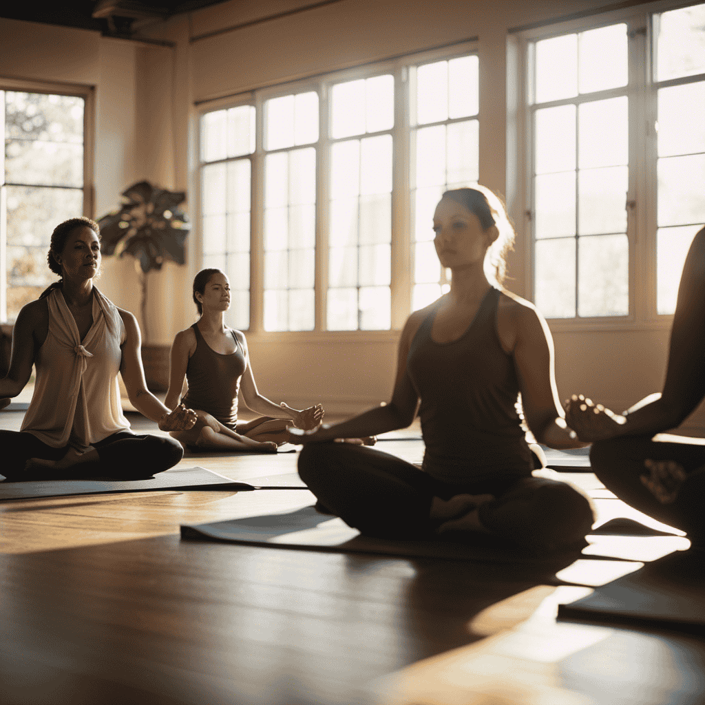An image depicting a serene, sunlit studio filled with individuals of diverse ages and backgrounds, engaged in various yoga practices like Vinyasa, Hatha, and Kundalini, radiating inner peace and harmony