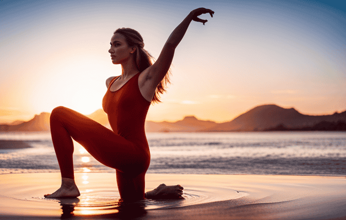 An image showcasing a yogi gracefully flowing through a challenging pose in a vibrant, form-fitting bodysuit, radiating confidence and style