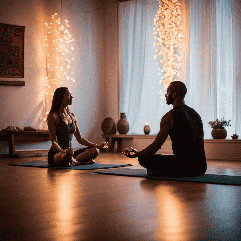An image of two individuals sitting cross-legged, facing each other in a serene, candlelit room
