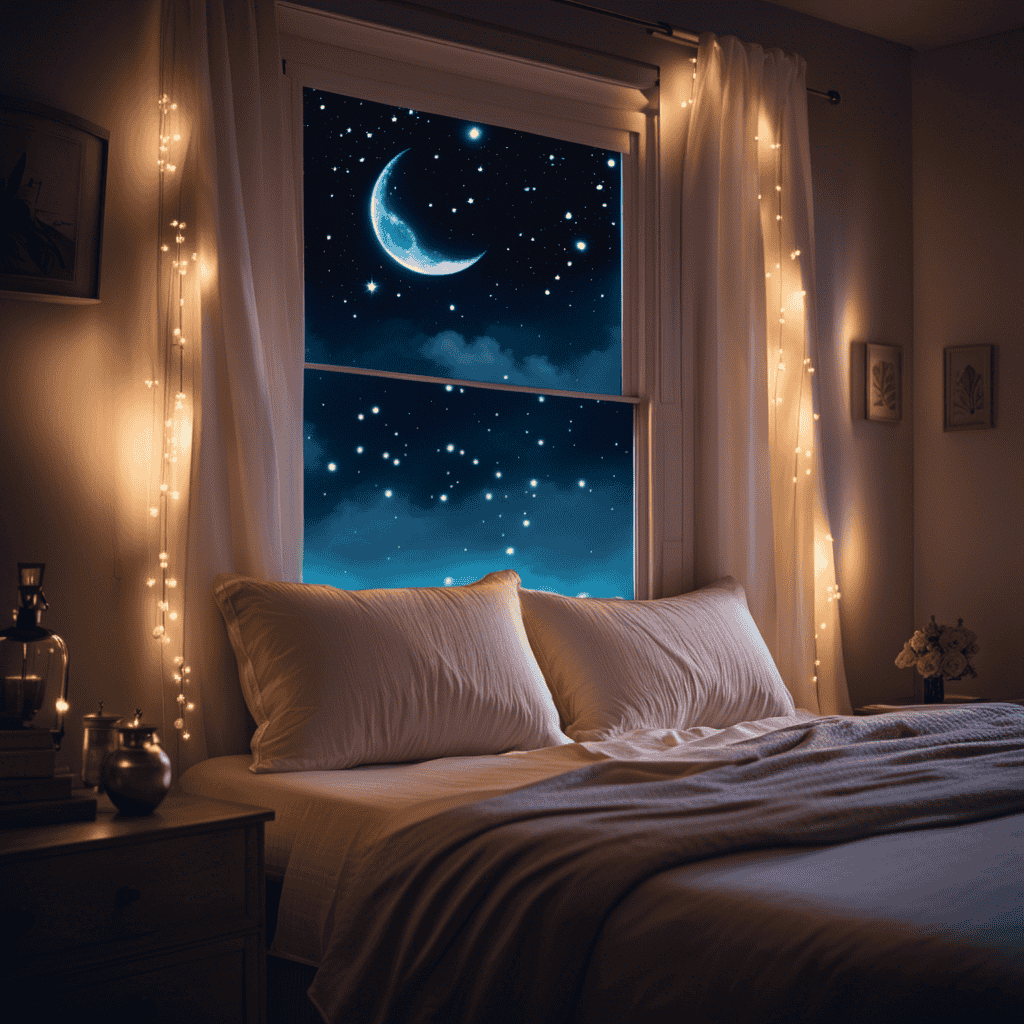 An image showcasing a serene moonlit bedroom, adorned with soft, pastel-colored sheets, delicate fairy lights casting a gentle glow, and a tranquil view of a starry night sky through an open window