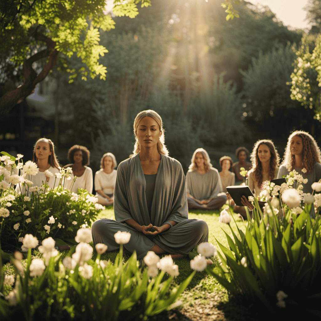 An image showcasing a serene meditation teacher leading a diverse group of students in a lush garden, surrounded by blooming flowers and gentle sunlight, symbolizing the journey of becoming a meditation teacher and establishing a thriving business