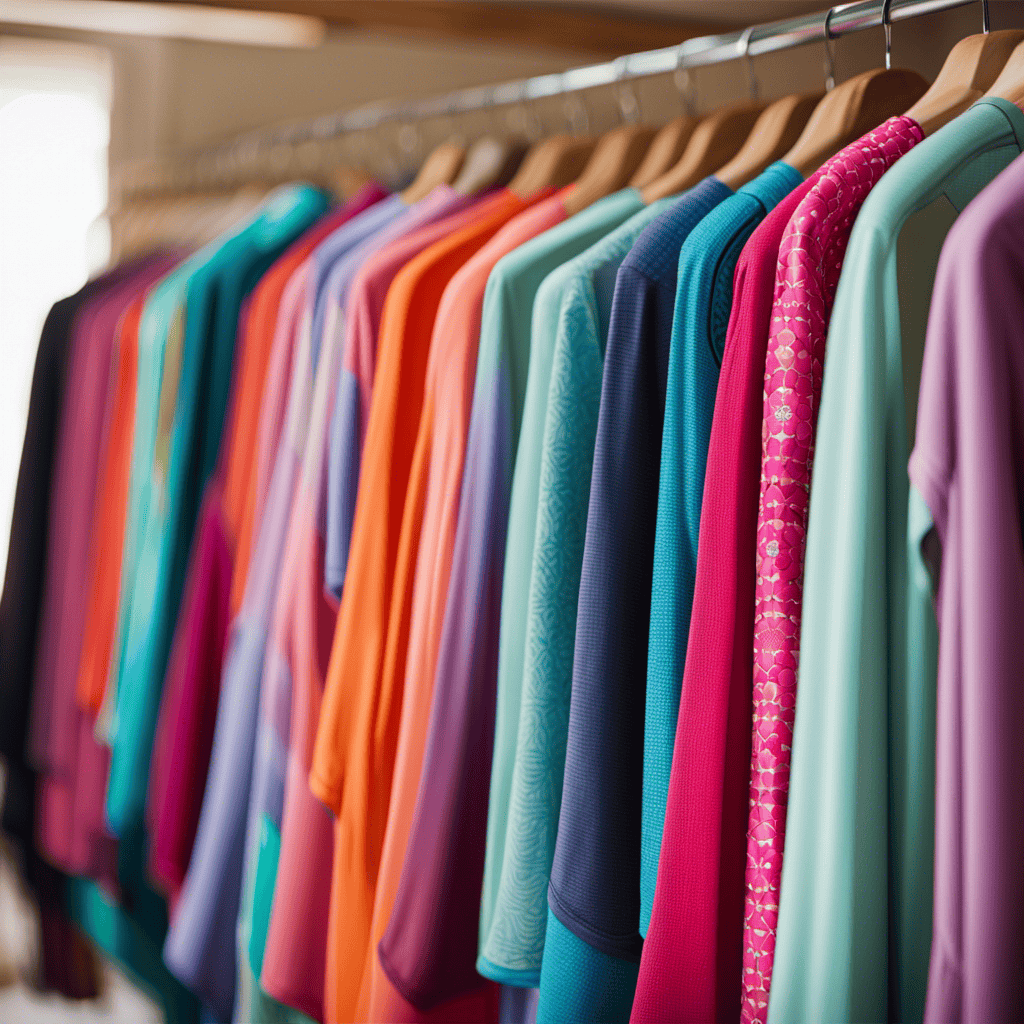 An image showcasing a diverse range of exquisitely patterned and brightly colored yoga tops, neatly organized on hangers