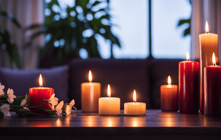 An image that showcases a serene, dimly lit room adorned with an assortment of stress relief candles