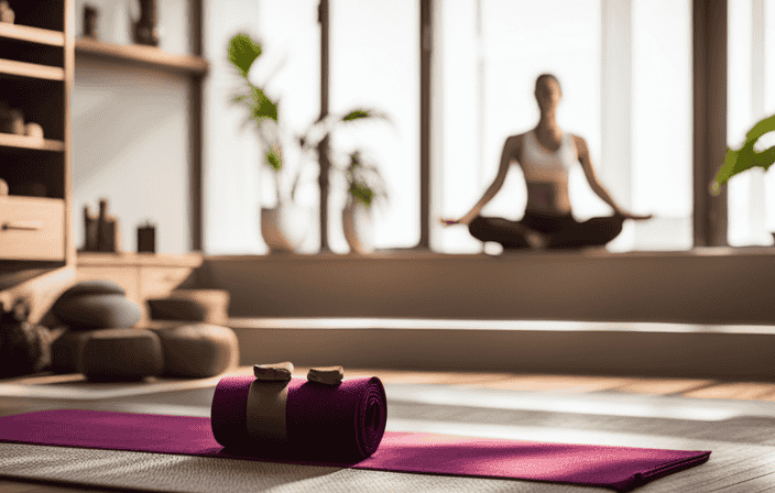 An image showcasing a serene yoga studio bathed in natural light, adorned with shelves displaying an array of meticulously crafted yoga mats, blocks, bolsters, and essential oils, evoking a sense of tranquility and the perfect gift ideas for yoga enthusiasts in 2022