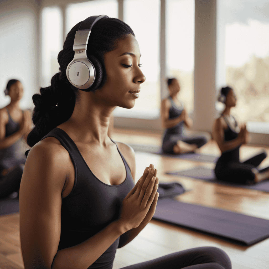 An image showcasing a serene yoga studio, where a practitioner effortlessly performs poses wearing sleek, wireless headphones