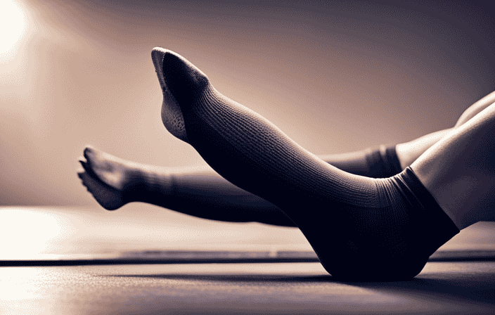 An image showcasing a pair of sleek, black yoga socks with reinforced stitching, highlighting their snug fit, cushioned soles, non-slip grip, and trendy design