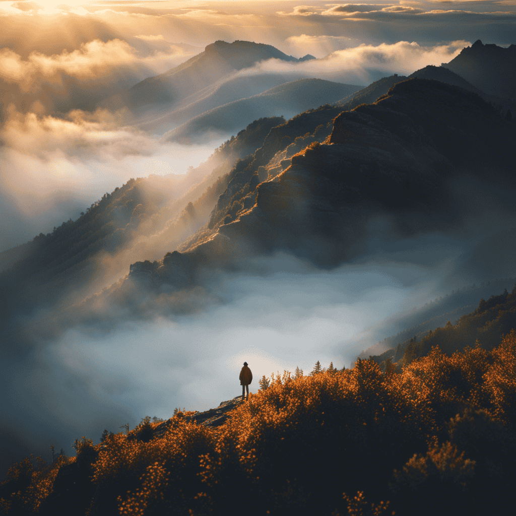 An image of a solitary figure standing on a misty mountaintop, surrounded by a vibrant dreamscape