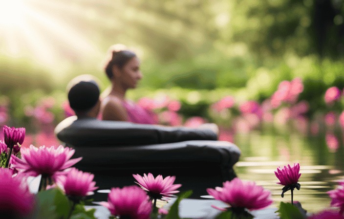 An image showcasing a person sitting peacefully in a serene garden, surrounded by vibrant flowers and a tranquil pond, while practicing mindfulness techniques like deep breathing and meditation to manage and overcome stressful situations