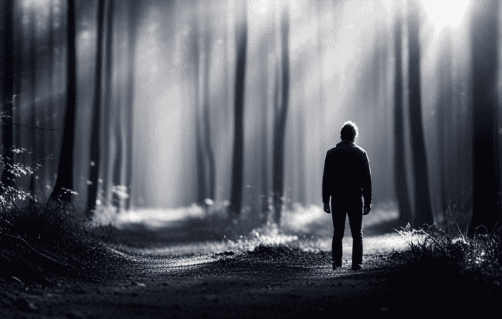 An image that portrays a solitary figure standing in a dense forest, their outstretched hand gently illuminating the surrounding darkness, symbolizing the journey of understanding and overcoming spiritual darkness towards inner wholeness