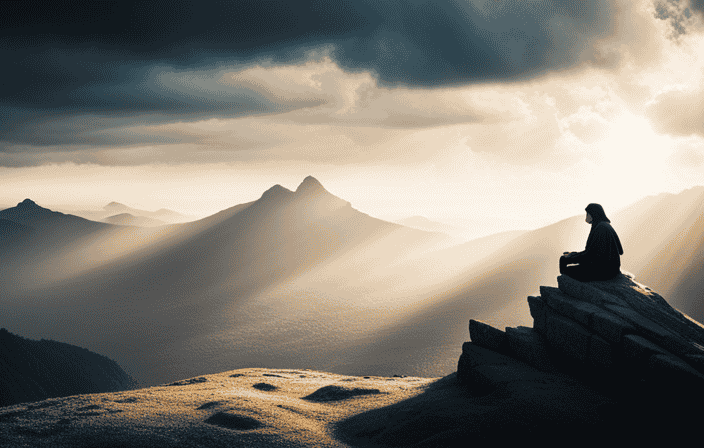 An image capturing an individual sitting alone on a mountaintop, their face veiled in shadow, as rays of sunlight pierce through dense clouds, symbolizing the overwhelming presence of spiritual anxiety