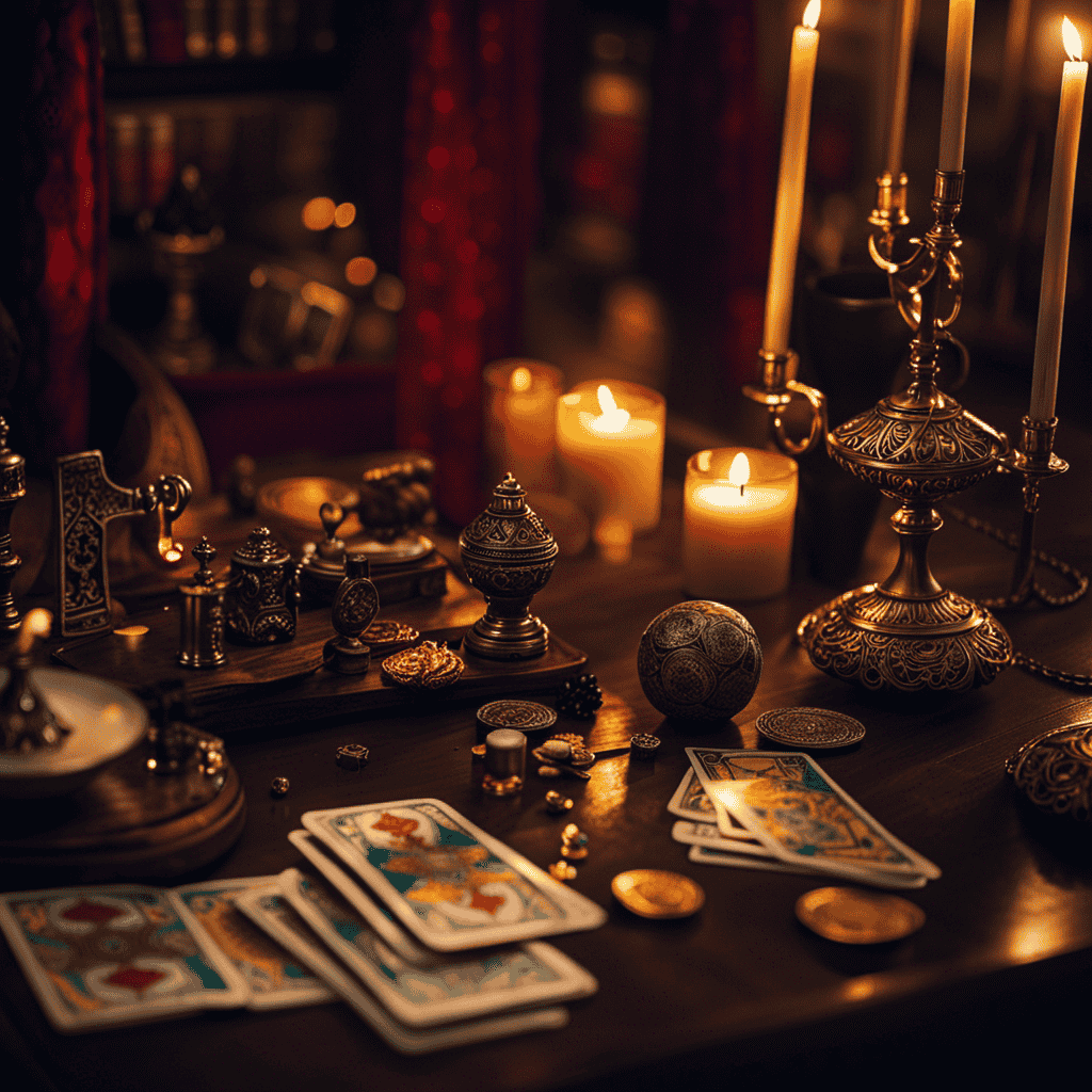An image depicting a serene, dimly-lit room adorned with mystical objects like tarot cards, crystal balls, and incense, where a seeker and a wise spiritual reader engage in deep conversation, forming a profound connection