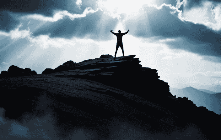 An image depicting a person standing on a mountaintop, with their arms raised towards the sky