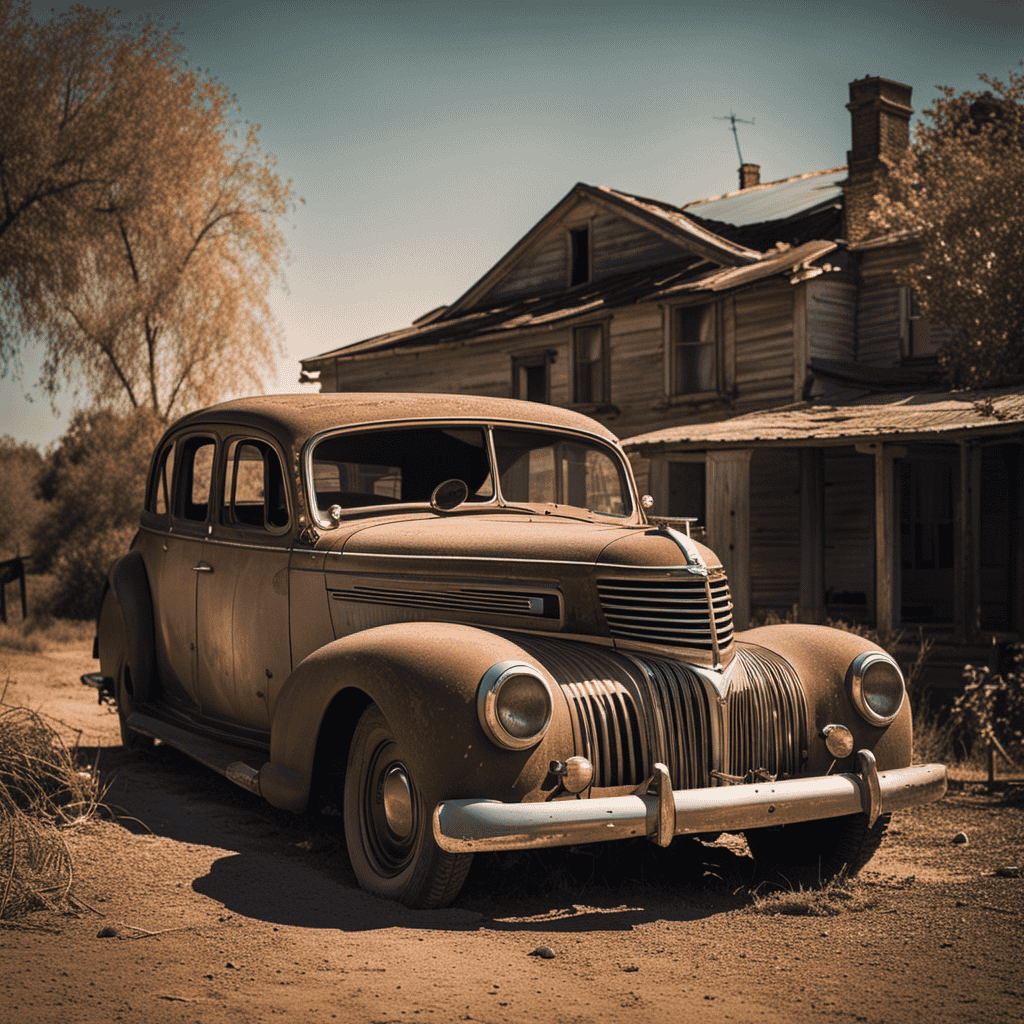 Ing image of an abandoned vintage car, covered in layers of dust, parked in front of a weathered old house, evoking the poignant symbolism of a deceased father's unfulfilled dreams