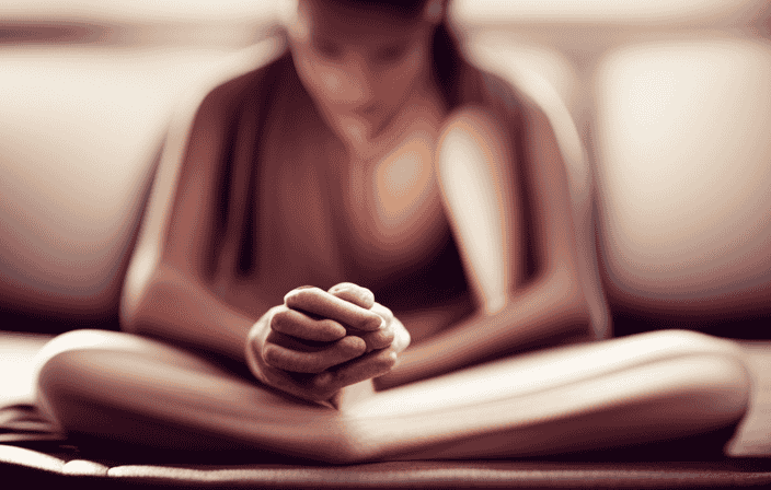 An image capturing a serene meditation scene, where a person sits cross-legged on a cushion, tears streaming down their face, as soft sunlight filters through a window, illuminating the tranquil space